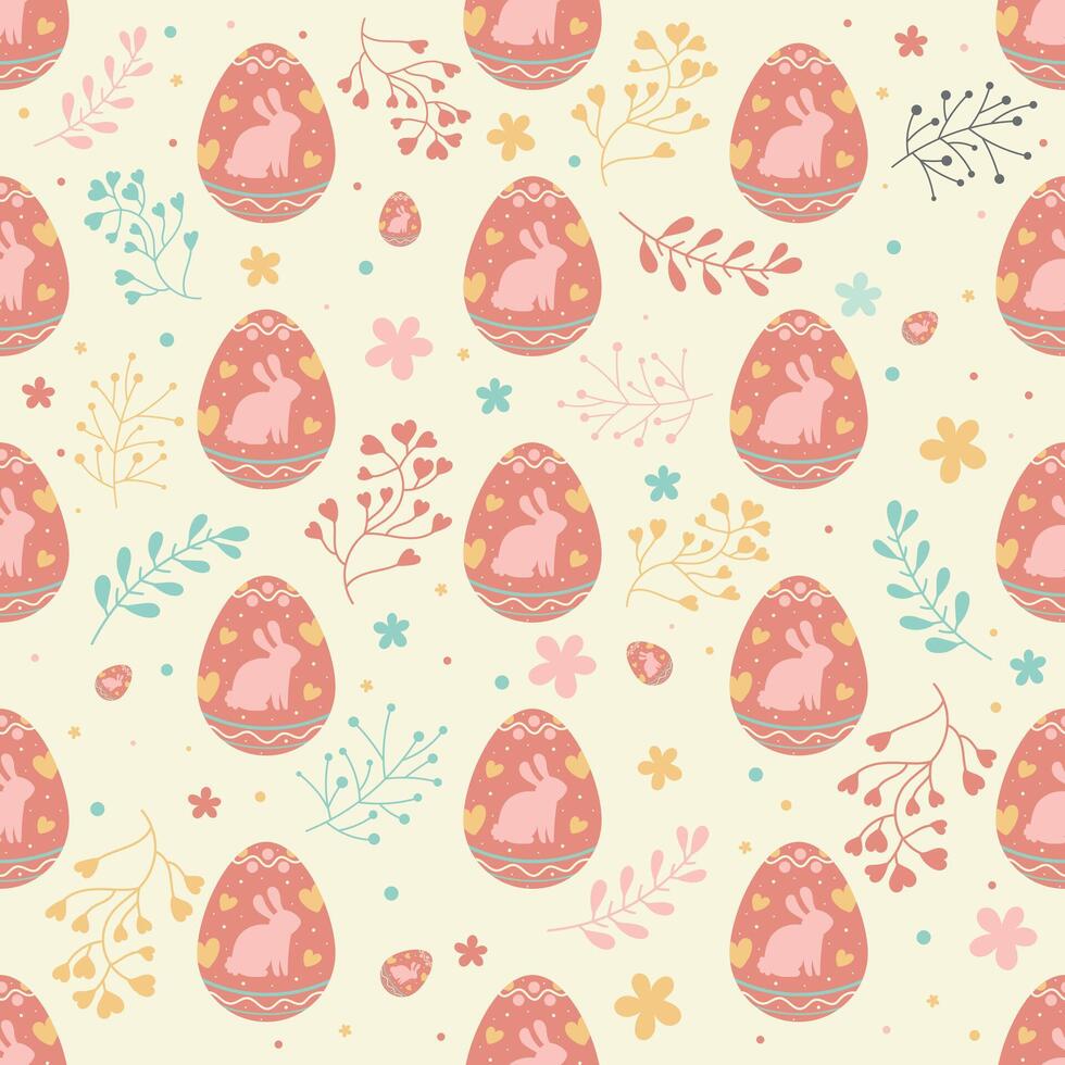 Easter egg seamless pattern, pink egg with cute rabbit, plant decoration vector