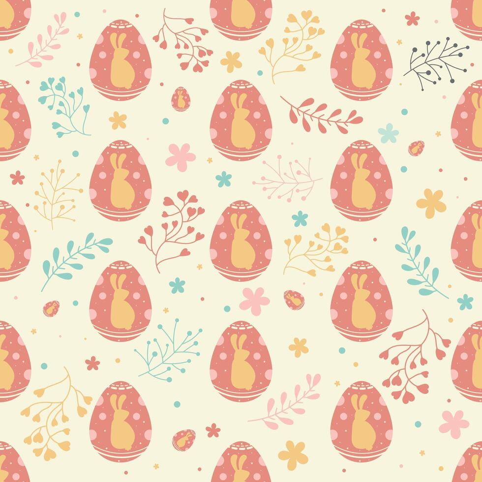 Easter egg seamless pattern, pink egg with bunny, yellow rabbit, plant decoration vector