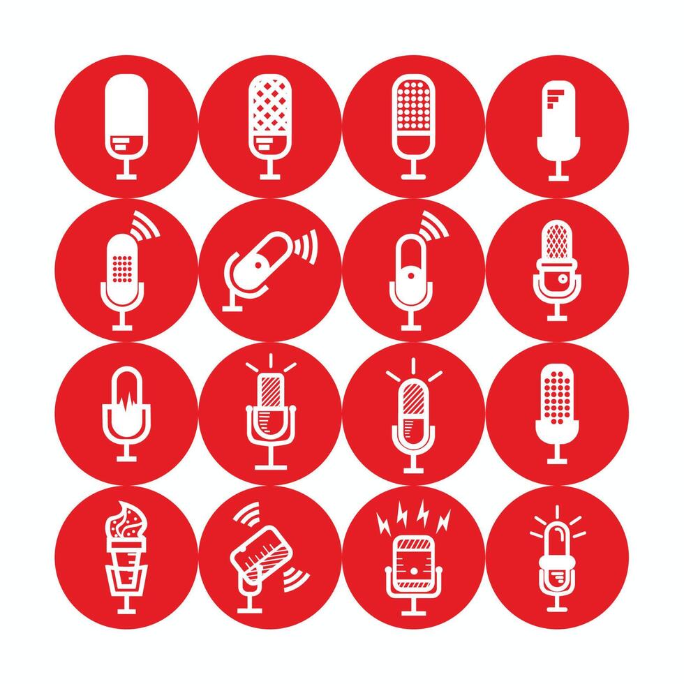 white silhouette of microphone set - microphone set with lightning and connection sign for broadcast or podcast - silhouette microphone set logo or icon isolated on red circle vector