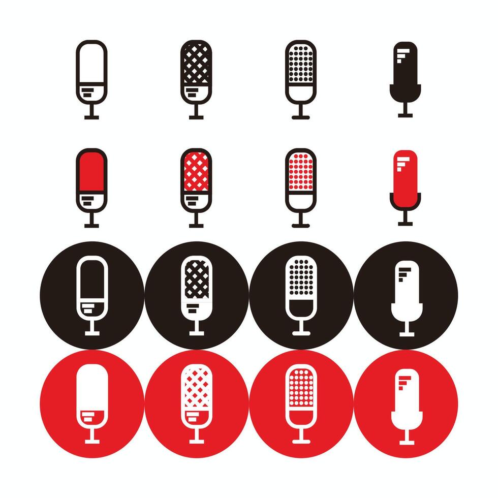 red, white and black square microphone icon and silhouette set for broadcast or podcast - red, white and black square microphone logo or icon set vector