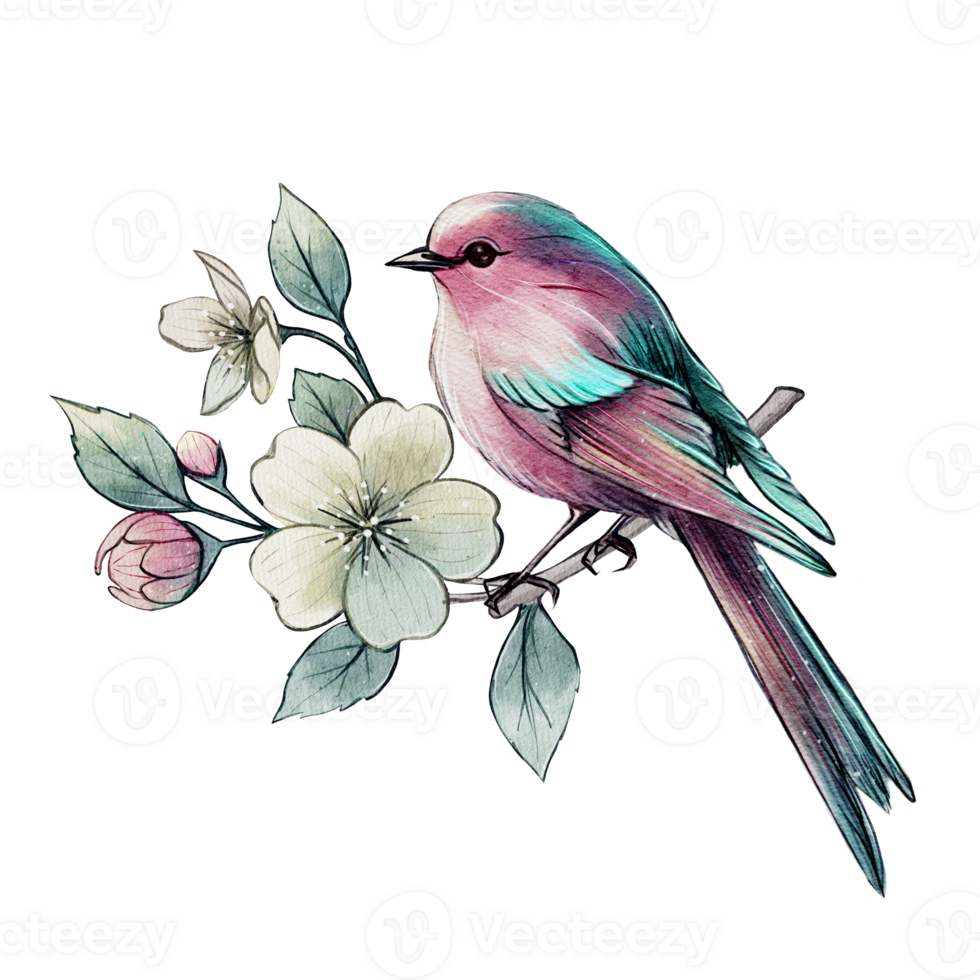 Delicate watercolor illustration of a vibrant bird sitting on a blooming branch. Perfect for cards, textiles, design, and decor. png