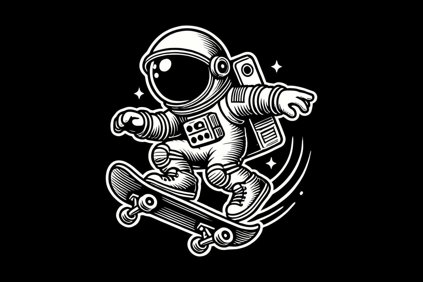 An astronaut riding a skateboard on a black background vector