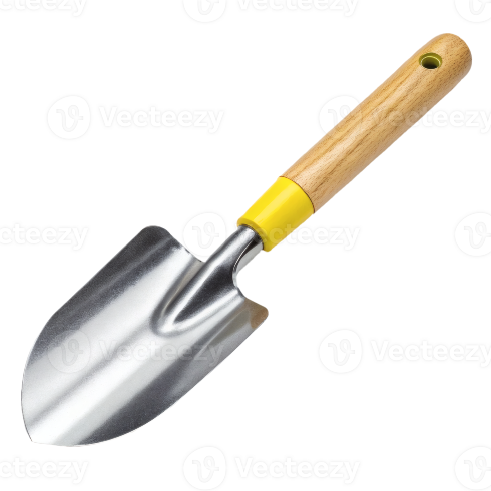 A gardening trowel featuring a wooden handle and metal blade. Tool for gardening and landscaping png
