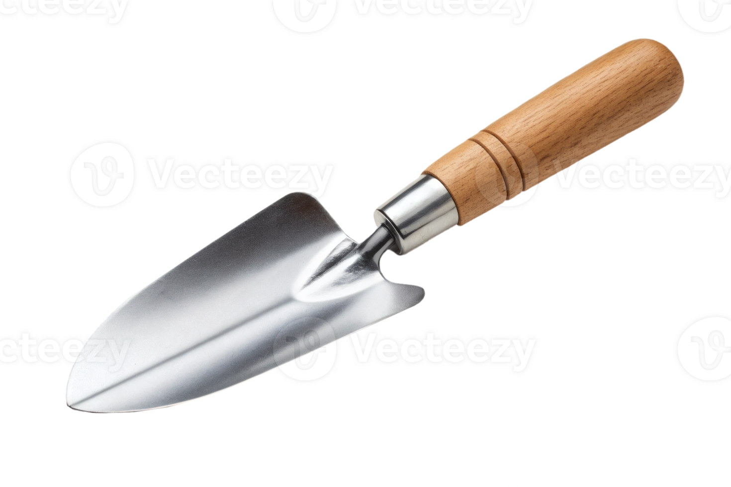 Gardening trowel with wooden handle and metallic blade, isolated. Tool for planting and gardening tasks png