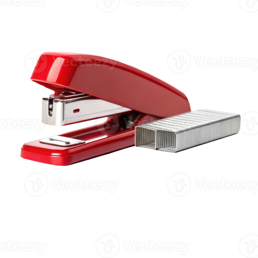 Red stapler with matching staples placed beside it, isolated, office tools and organization png