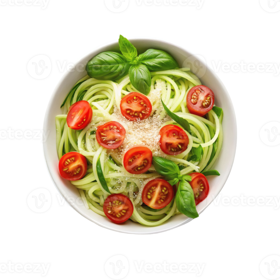 Fresh zucchini noodles topped with cherry tomatoes, grated cheese, and basil leaves in a white bowl. Healthy food png