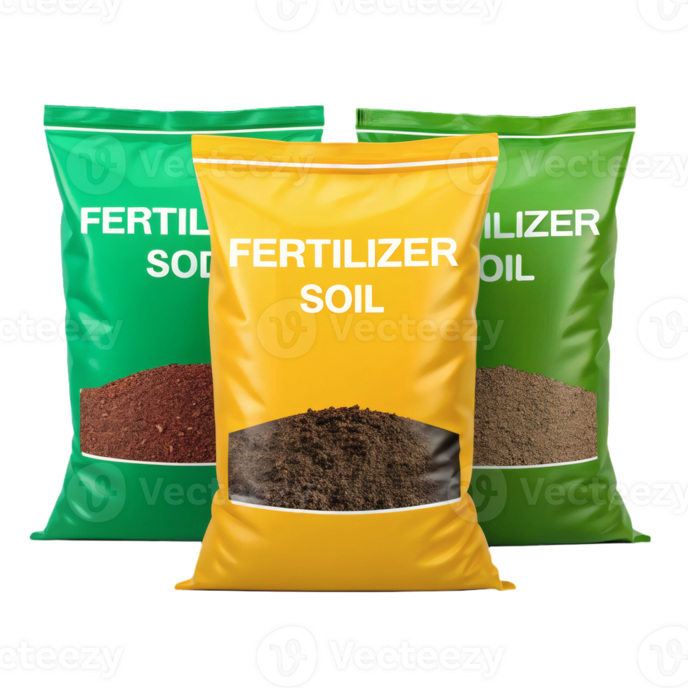 Three colorful fertilizer soil bags in green, yellow, and mint green packaging, gardening and agriculture png