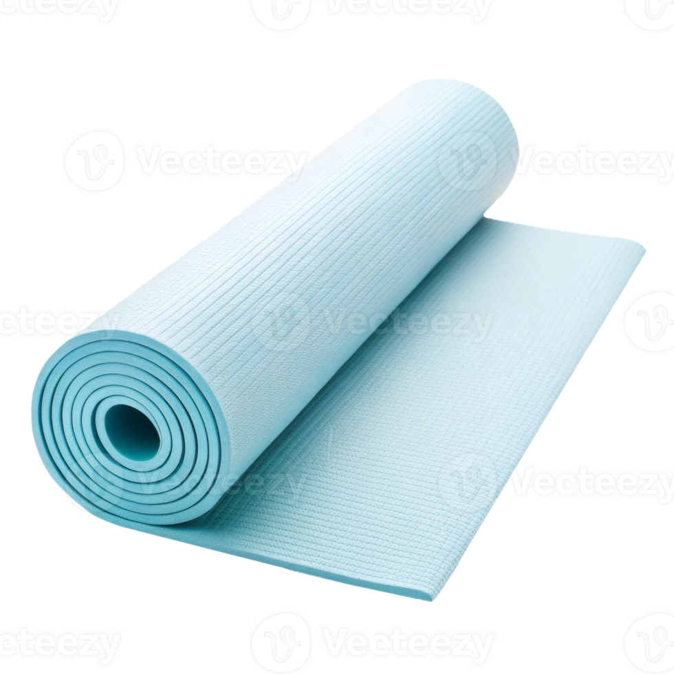 Light blue yoga mat partially rolled, textured surface. fitness, exercise, yoga, wellness png