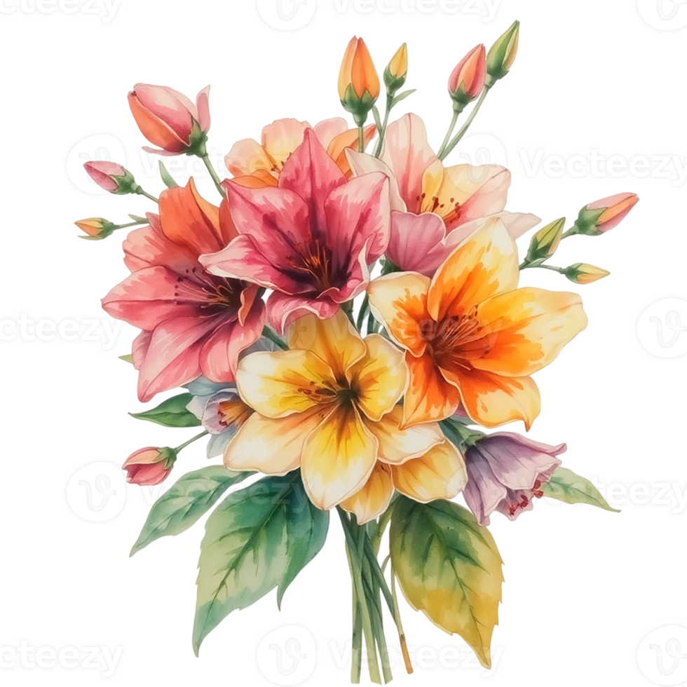 A beautiful watercolor illustration featuring a bouquet of fantasy flowers in various colors. png