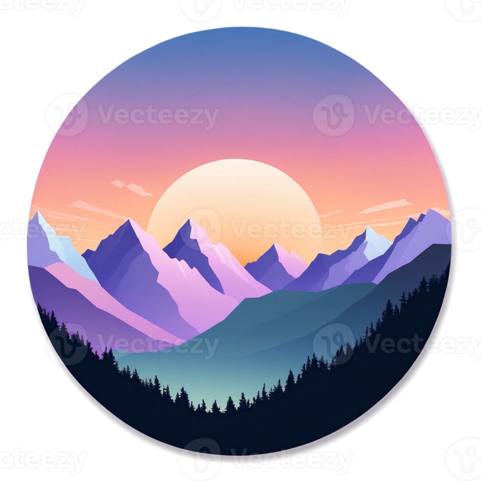 A circular icon with mountains and sun png