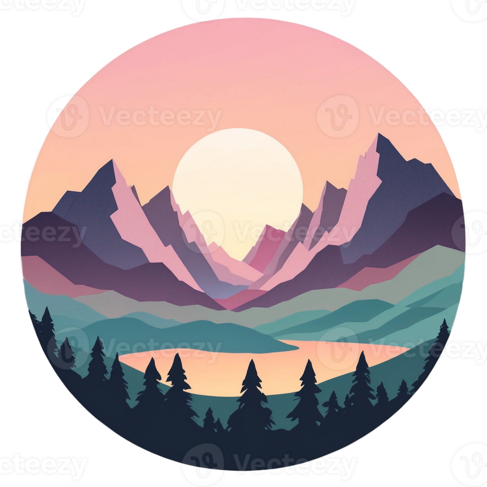 A circular logo with mountains and trees png
