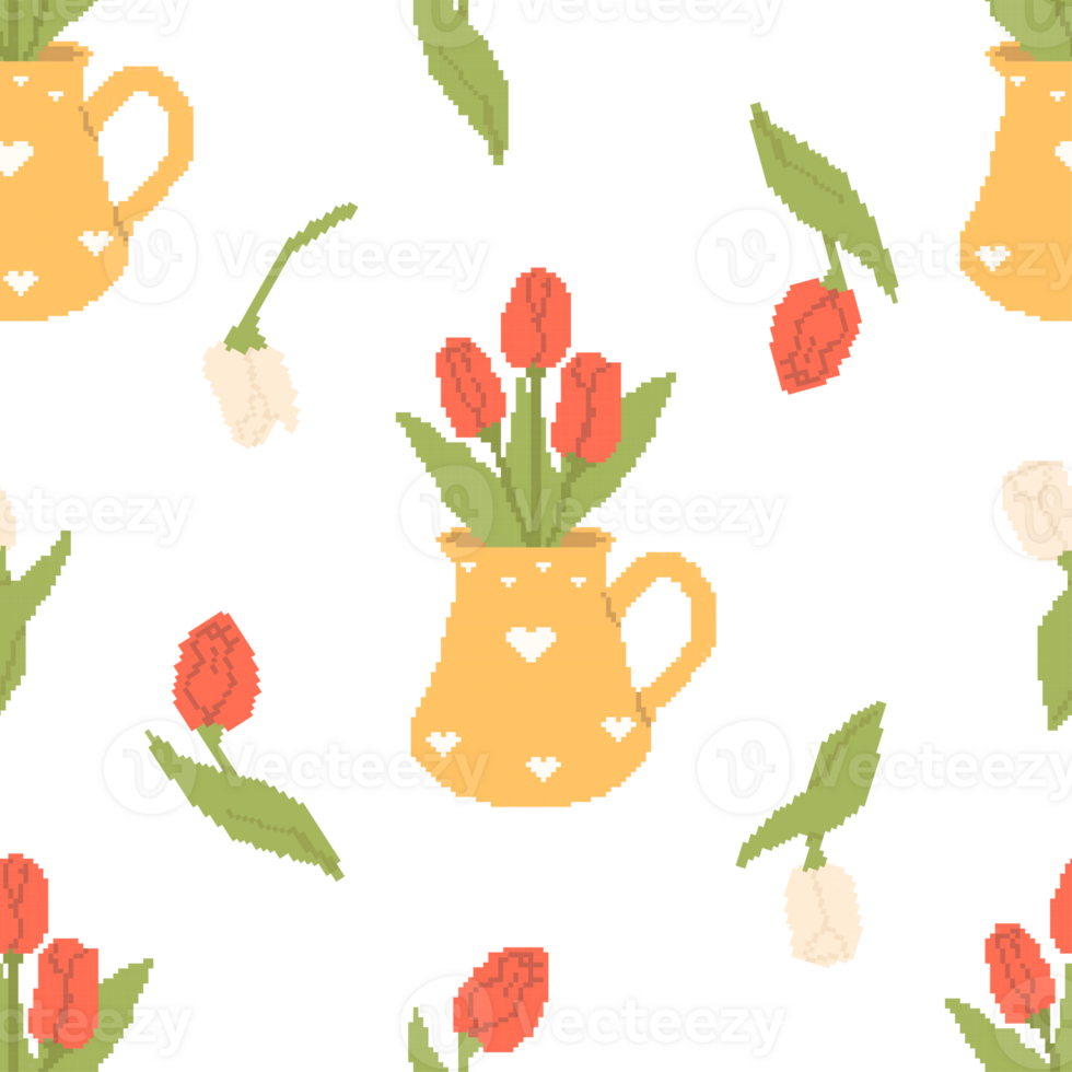 Pixel Art Seamless Pattern Flower Tulips in Vase. Floral Template in retro 8-bit style png