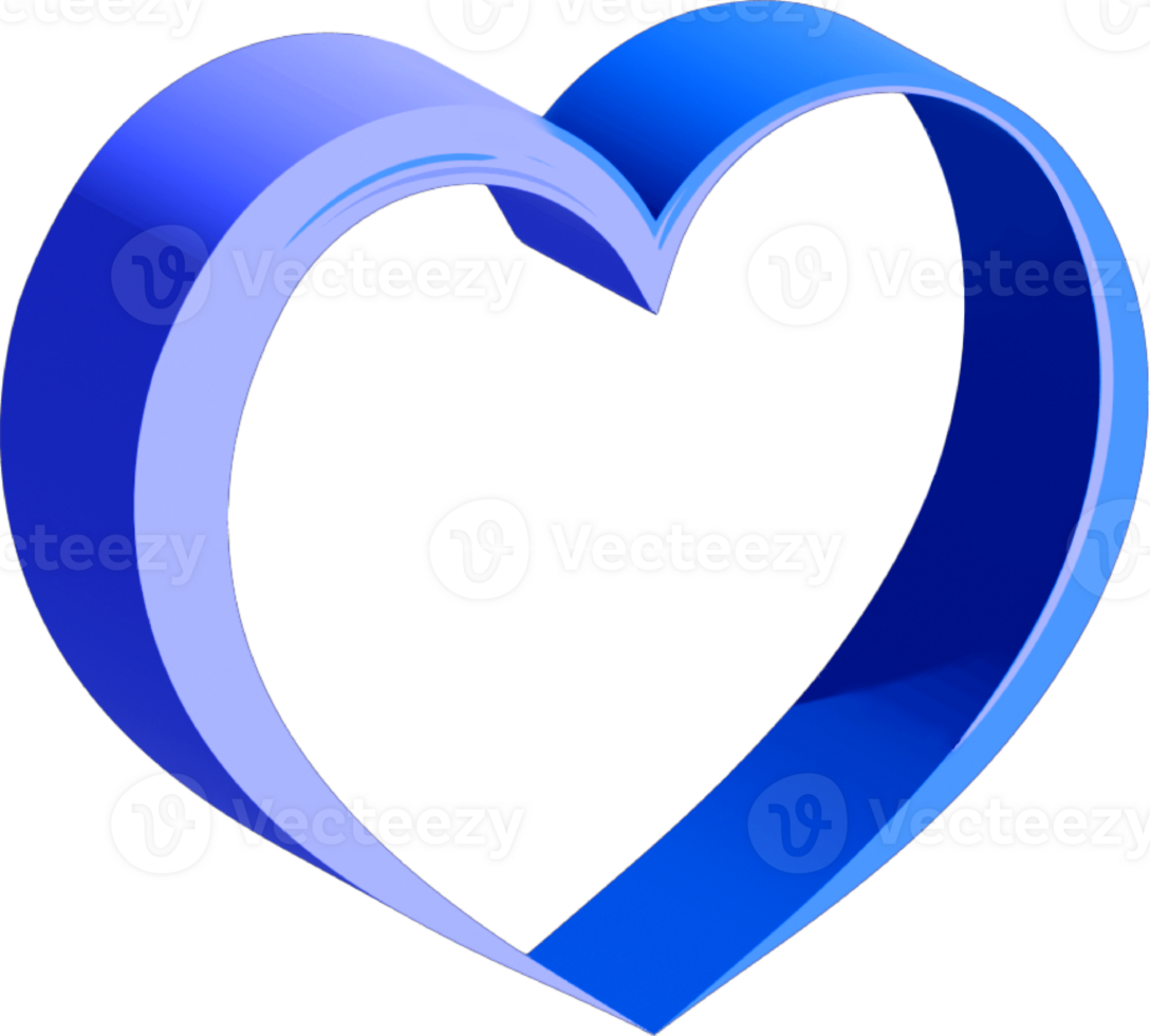 3D heart shape. Blue gradient tones. Glossy surface. Rounded edges. Open center. Perspective view. Isolated object. Light reflection. Modern design. Simple form png
