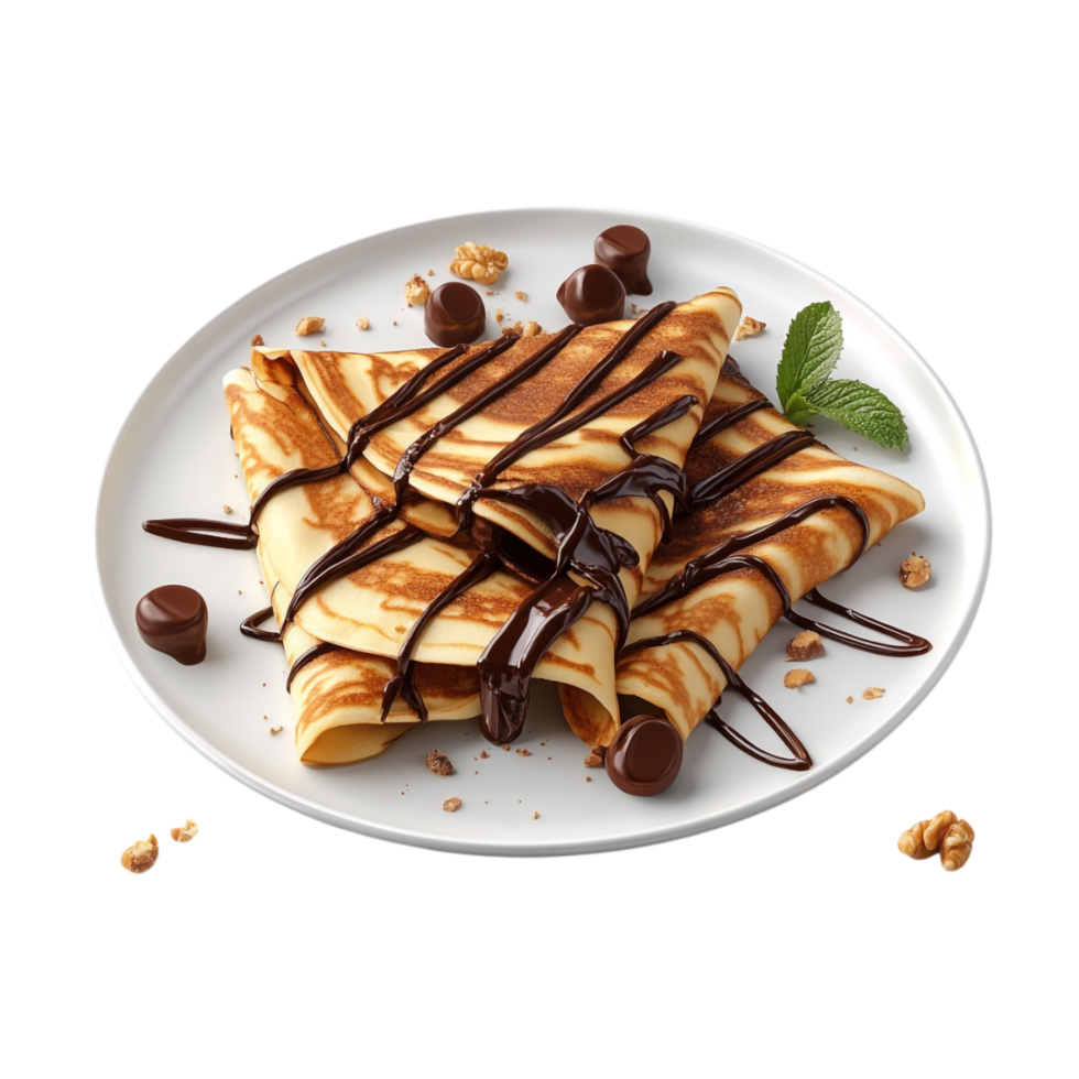 chocolate crepes with nuts and chocolate sauce on a plate png
