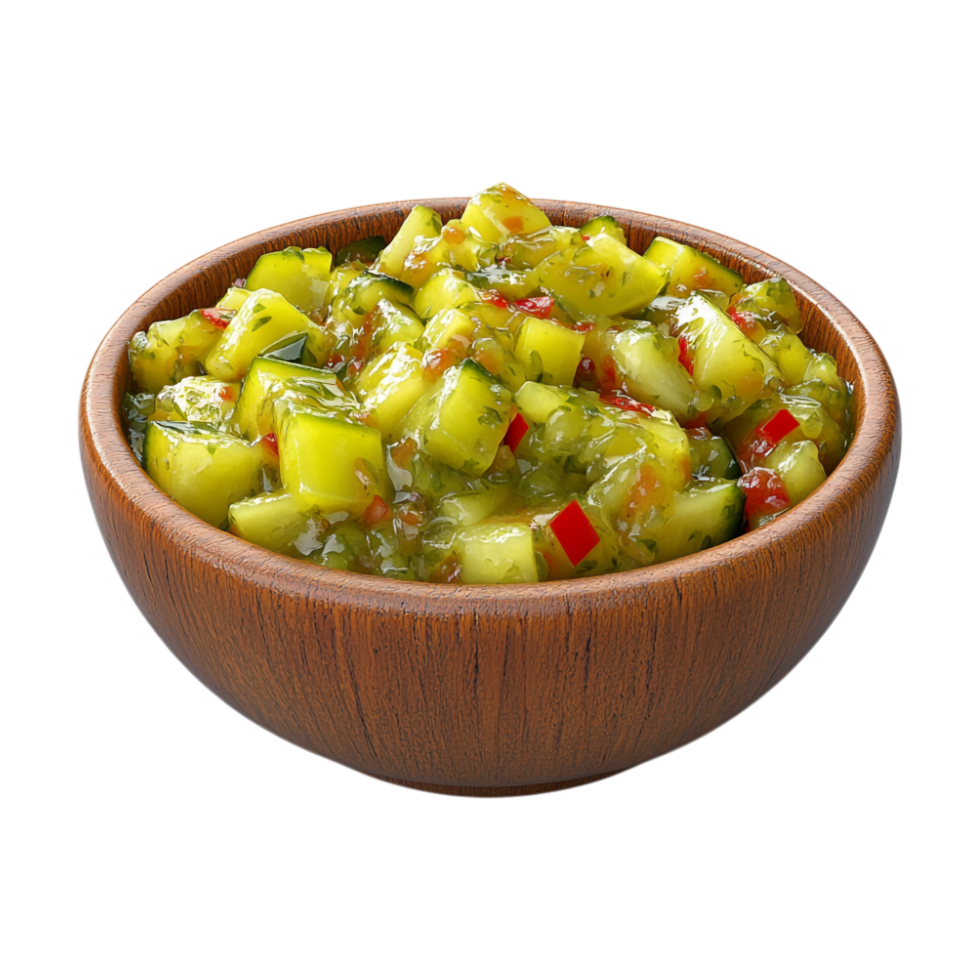 a bowl of cucumber and tomato salsa on a transparent background png