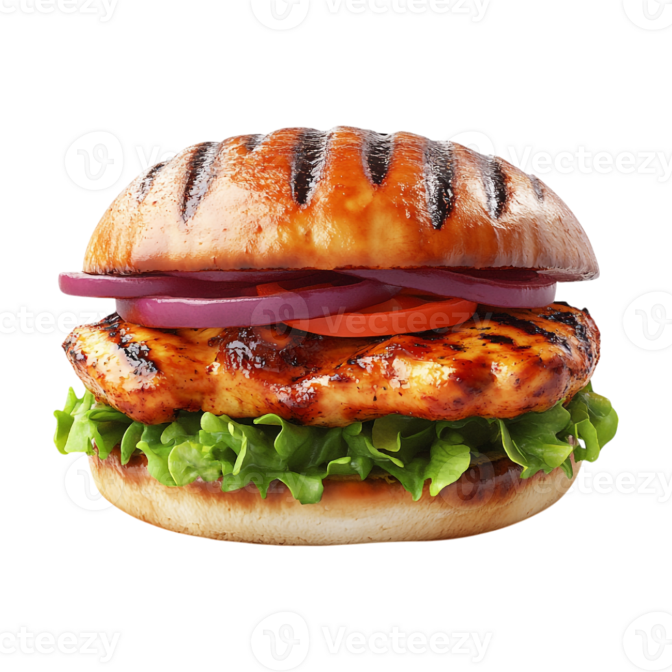 chicken burger with lettuce, tomato and onion on a bun png