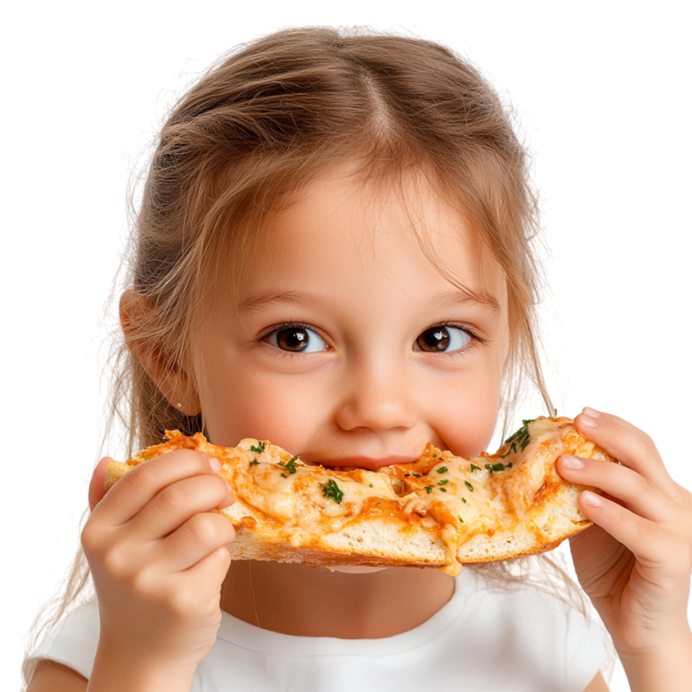 little girl eating pizza on transparent background png