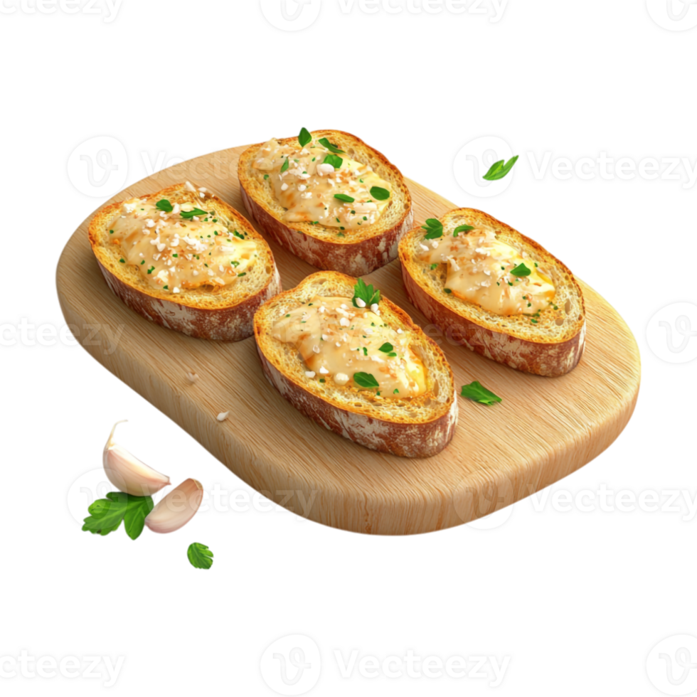 three slices of bread with cheese and herbs on a cutting board png