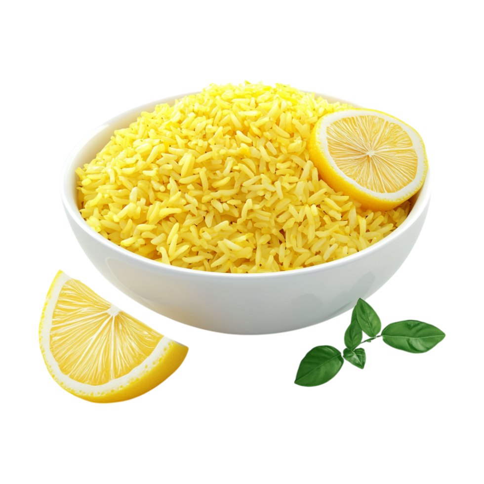 lemon rice in bowl with lemon slices on transparent background png