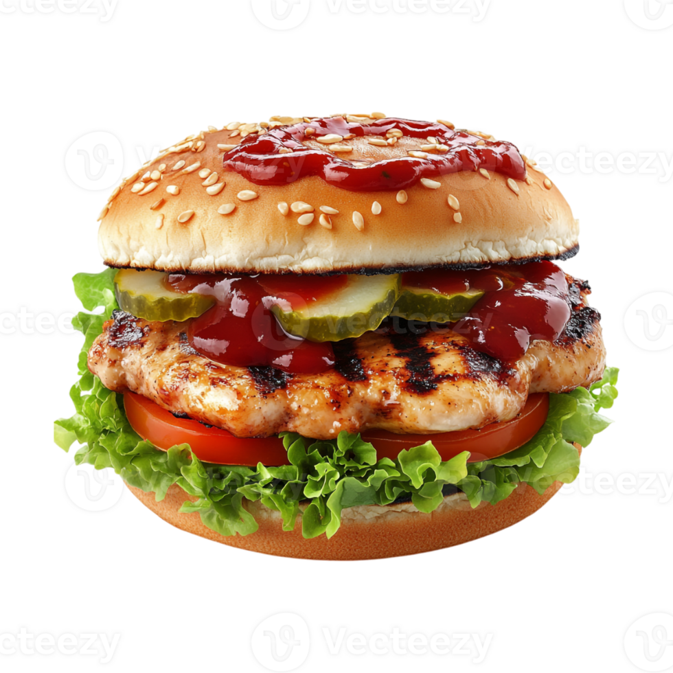 chicken burger with ketchup and lettuce on a bun png