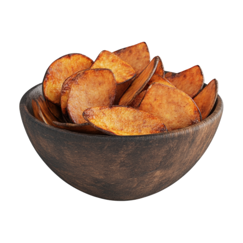 potato chips in a wooden bowl on a transparent background png