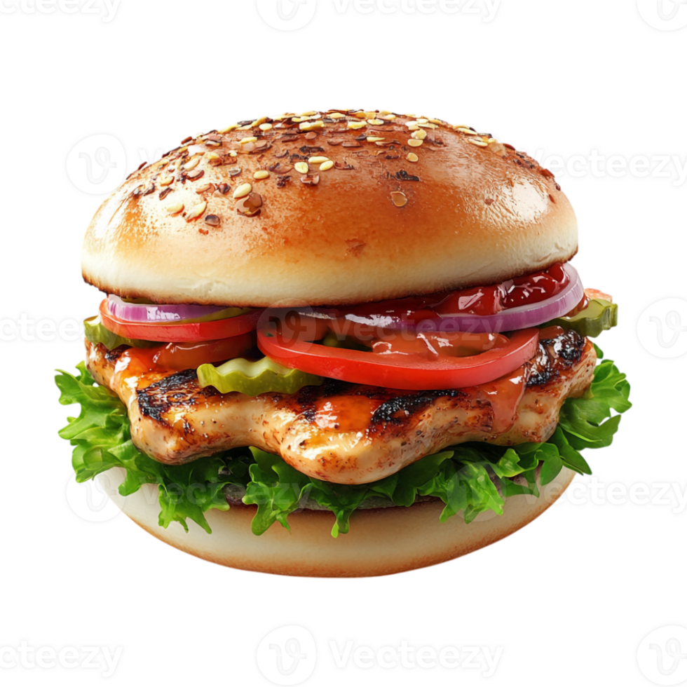 a hamburger with lettuce, tomatoes and onions png