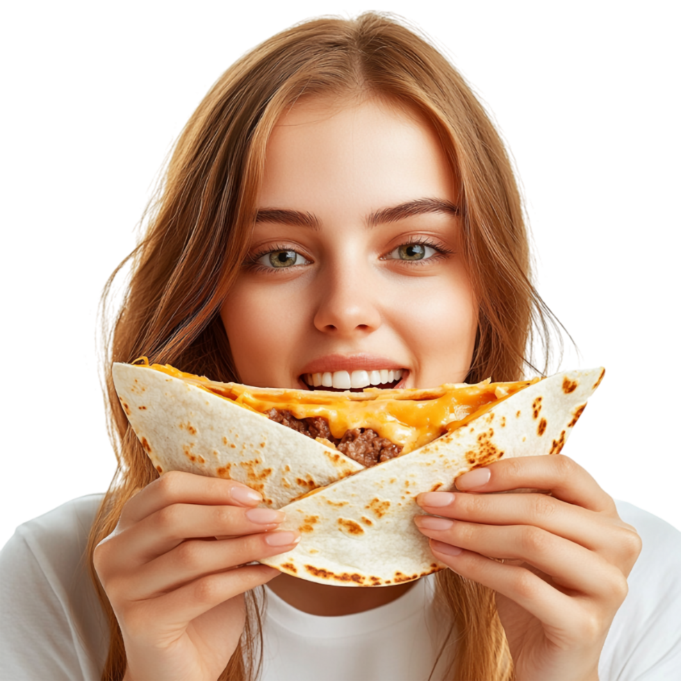 a woman holding a taco in her hand png