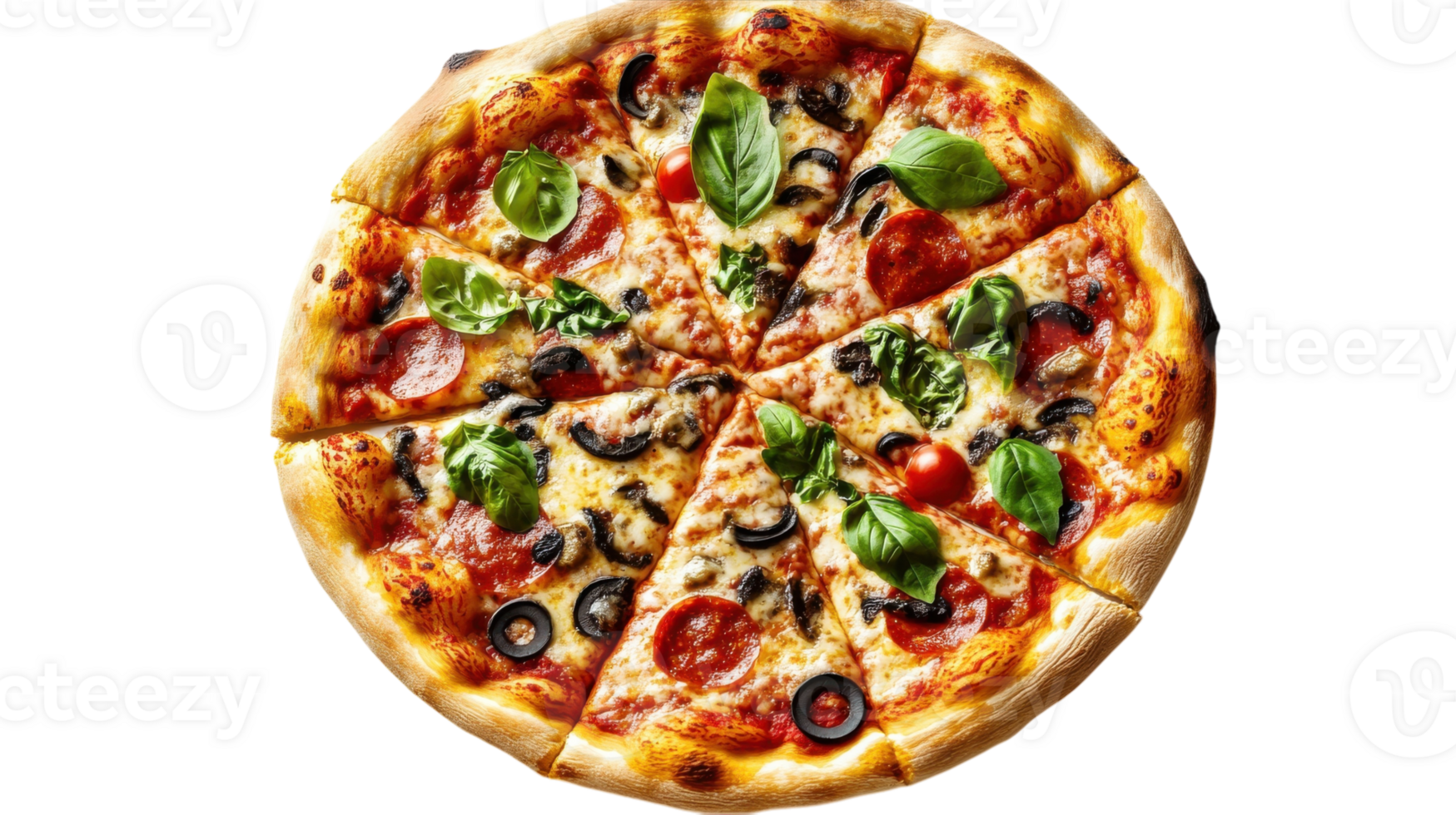 Delicious freshly baked pizza topped with pepperoni, olives, tomatoes, and basil served on a wooden board png