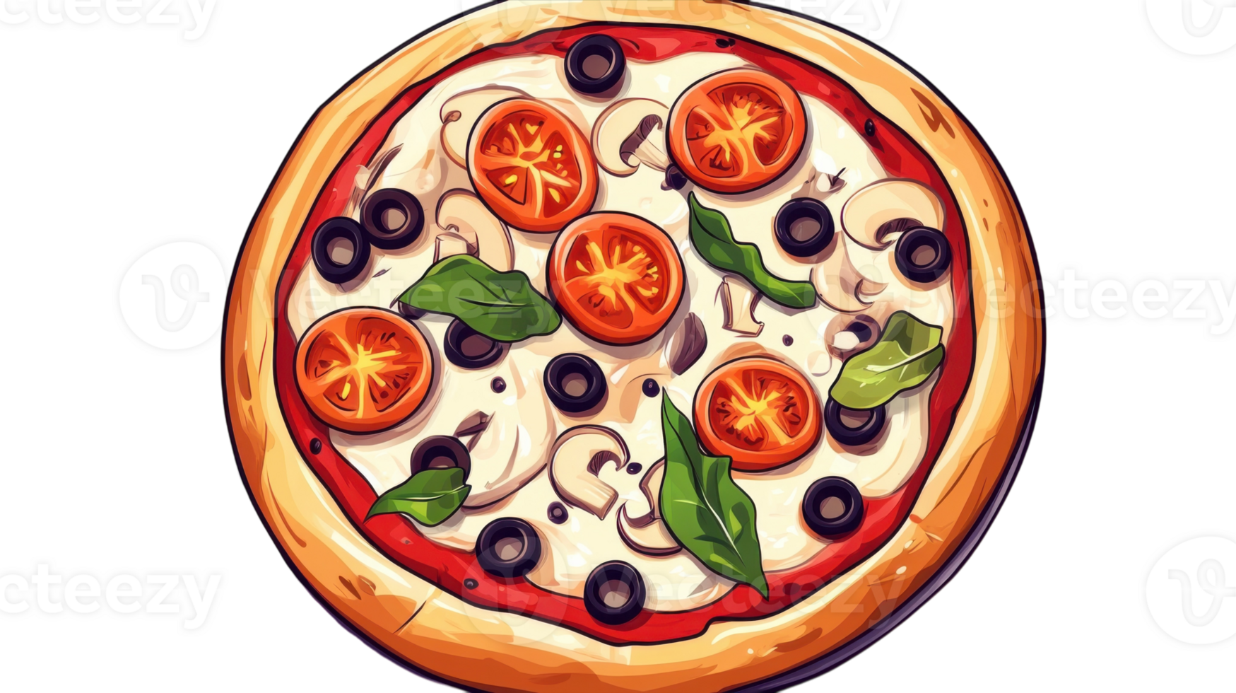 Delicious vegetarian pizza topped with fresh vegetables and herbs on a wooden table png