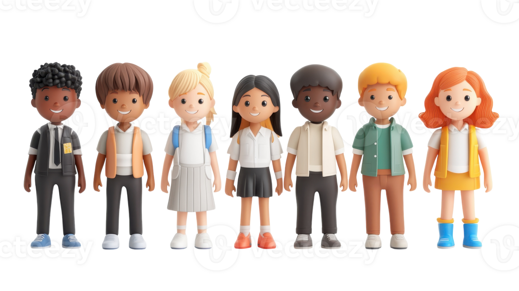 Group of diverse figurines representing children engaging in play, showcasing different outfits and hairstyles in a colorful arrangement png