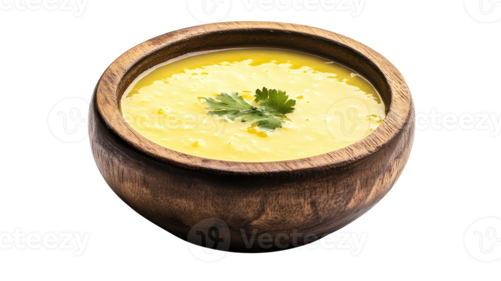 Creamy lentil soup served in a rustic wooden bowl garnished with fresh herbs in a cozy kitchen setting png