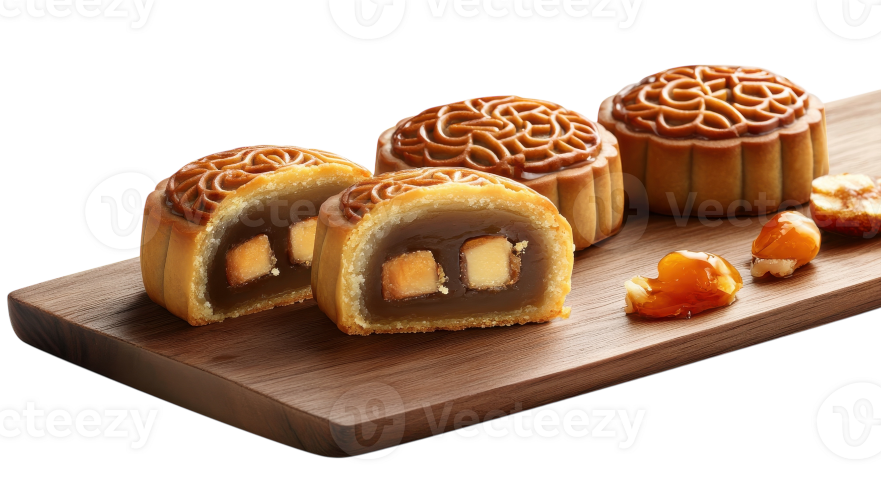 Mooncakes displayed on a wooden board highlight traditional flavors and textures during the festive season png