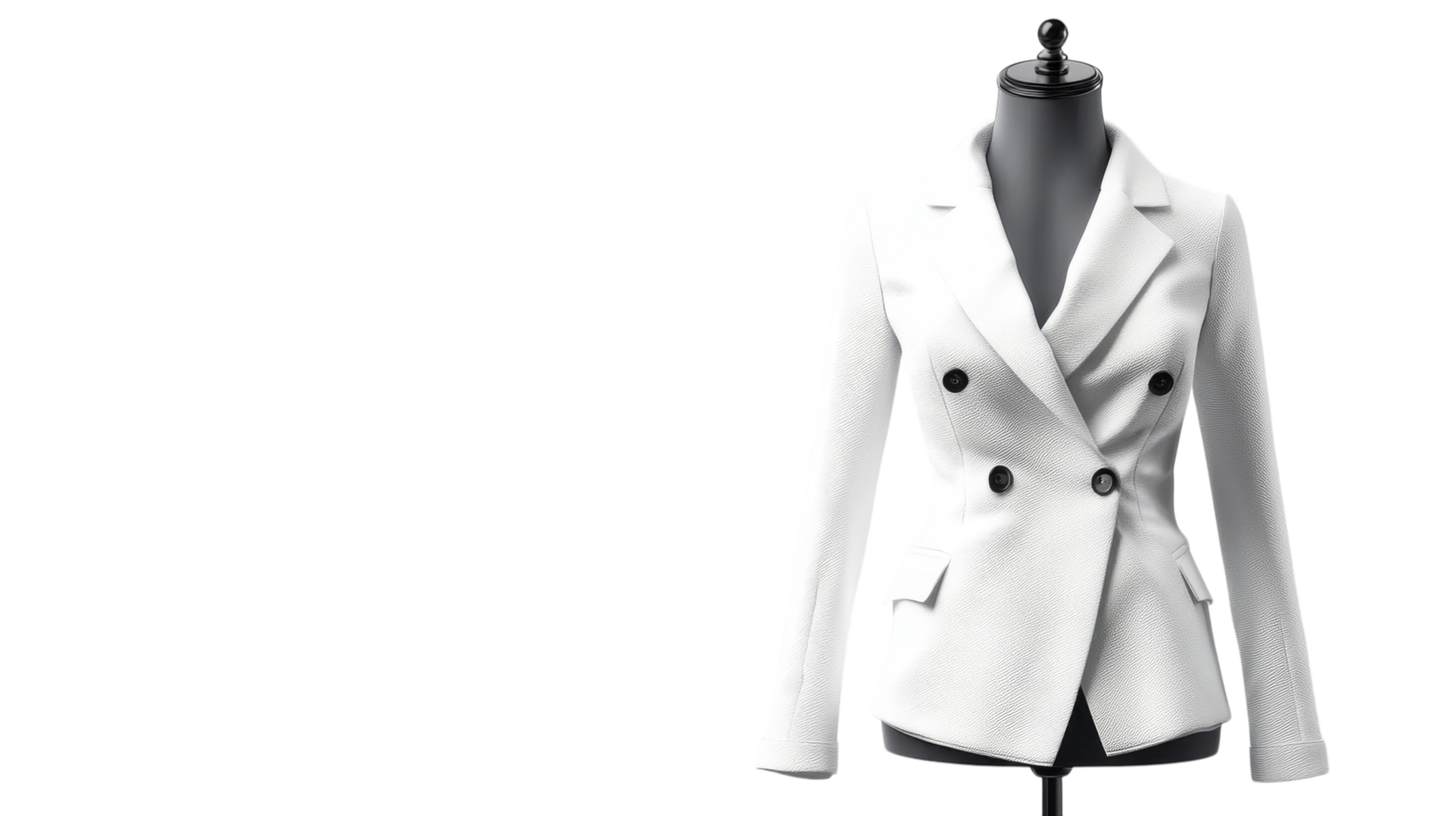 Elegant white double-breasted blazer displayed on a mannequin with a modern design in a stylish setting png