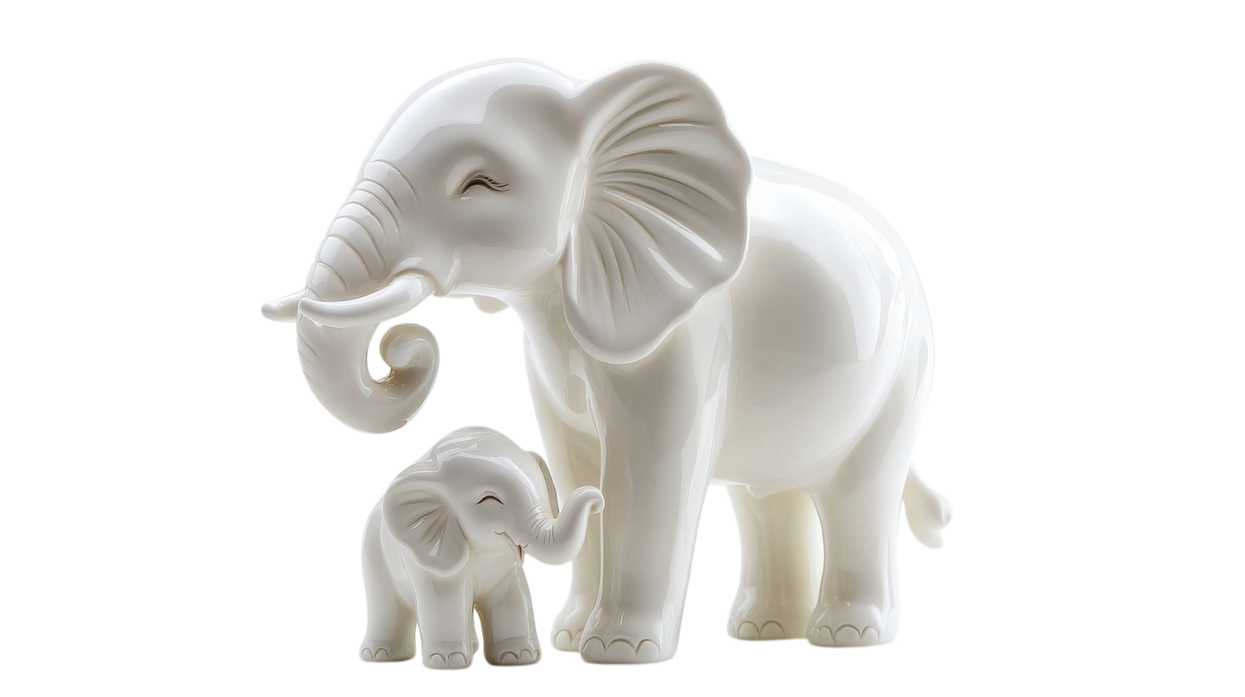 Two elegant white elephant figurines representing family, love, and unity in a simplistic design png