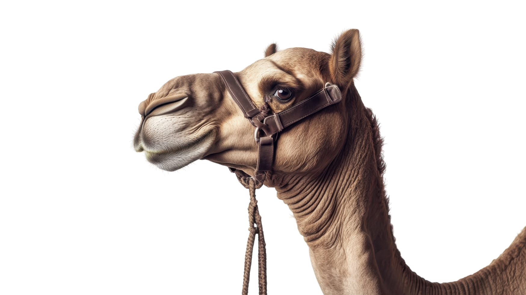Camel with a saddle stands patiently in a stable preparing for a ride in an open landscape on a sunny day png