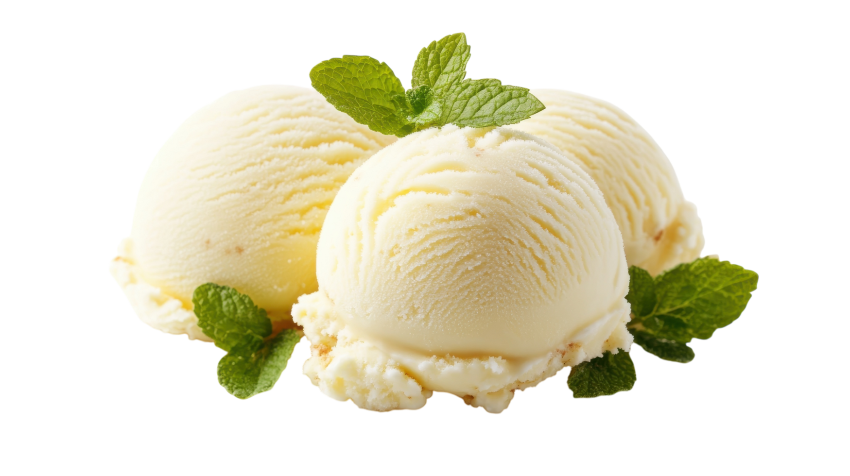 Delicious vanilla ice cream scoops garnished with fresh mint leaves on a bright background png