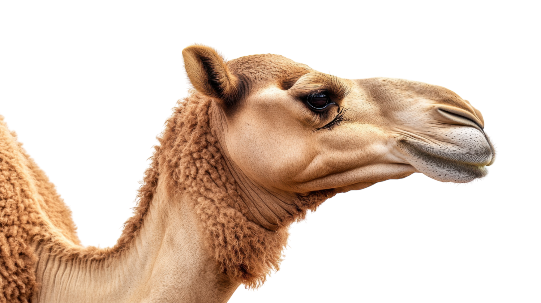 Close-up view of a camel featuring distinctive fur and facial structure in a natural setting png
