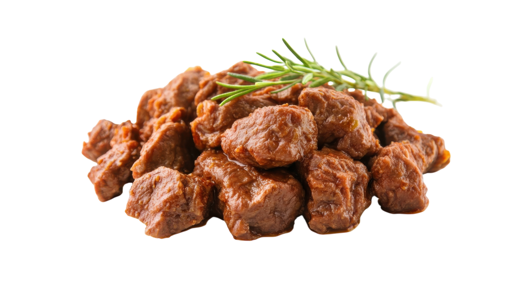 Tender beef stew pieces garnished with fresh rosemary ready for cooking or serving png