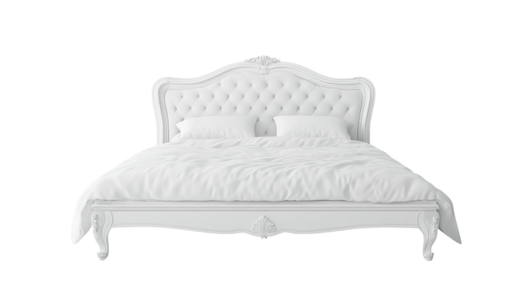 Elegant white tufted bed with soft bedding and two pillows, ideal for a cozy bedroom setting png