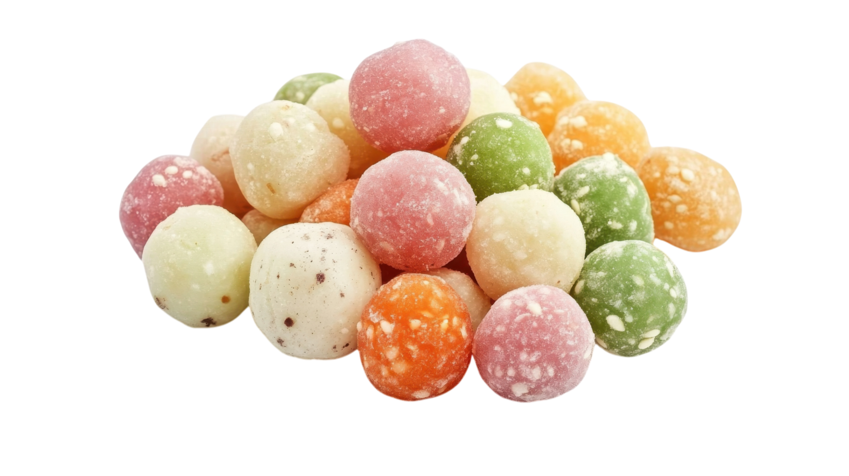 Colorful chewy candies in assorted flavors arranged in a mound on a white background png