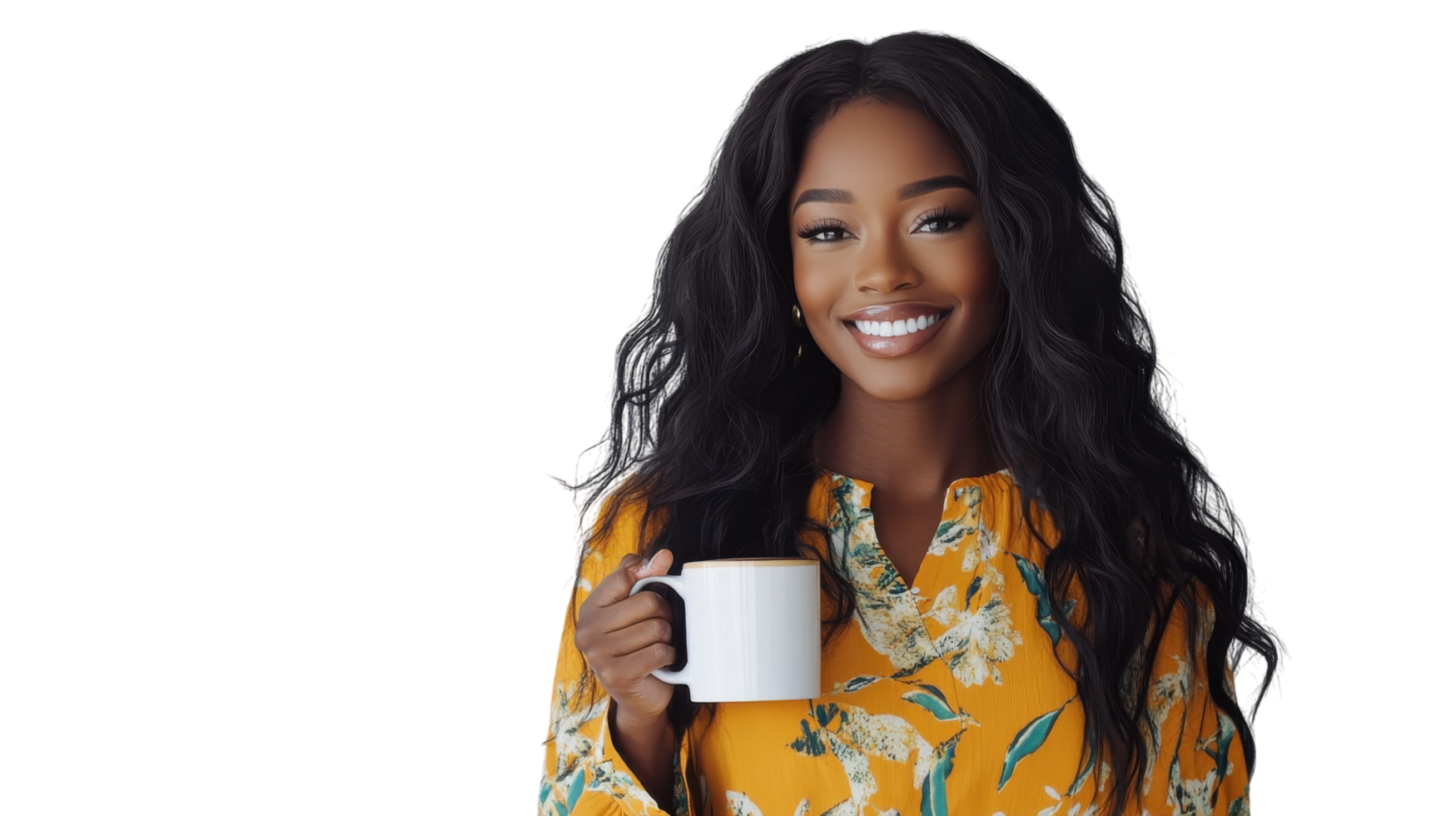 Smiling woman in a floral dress enjoying a cup of coffee in a bright and cheerful setting png