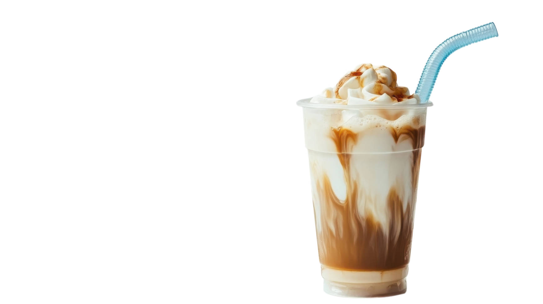 Refreshing iced coffee drink with whipped cream and caramel syrup served in a clear cup on a bright backdrop png