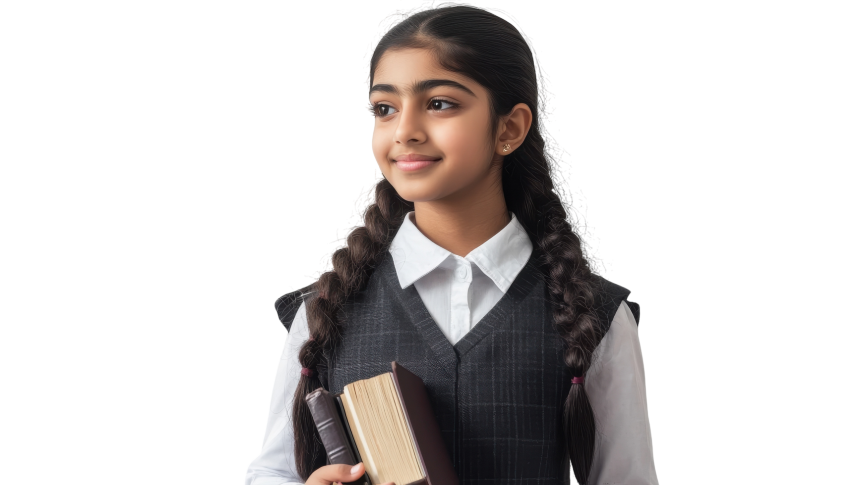 Young student smiles while holding books, representing enthusiasm for learning in a school environment png