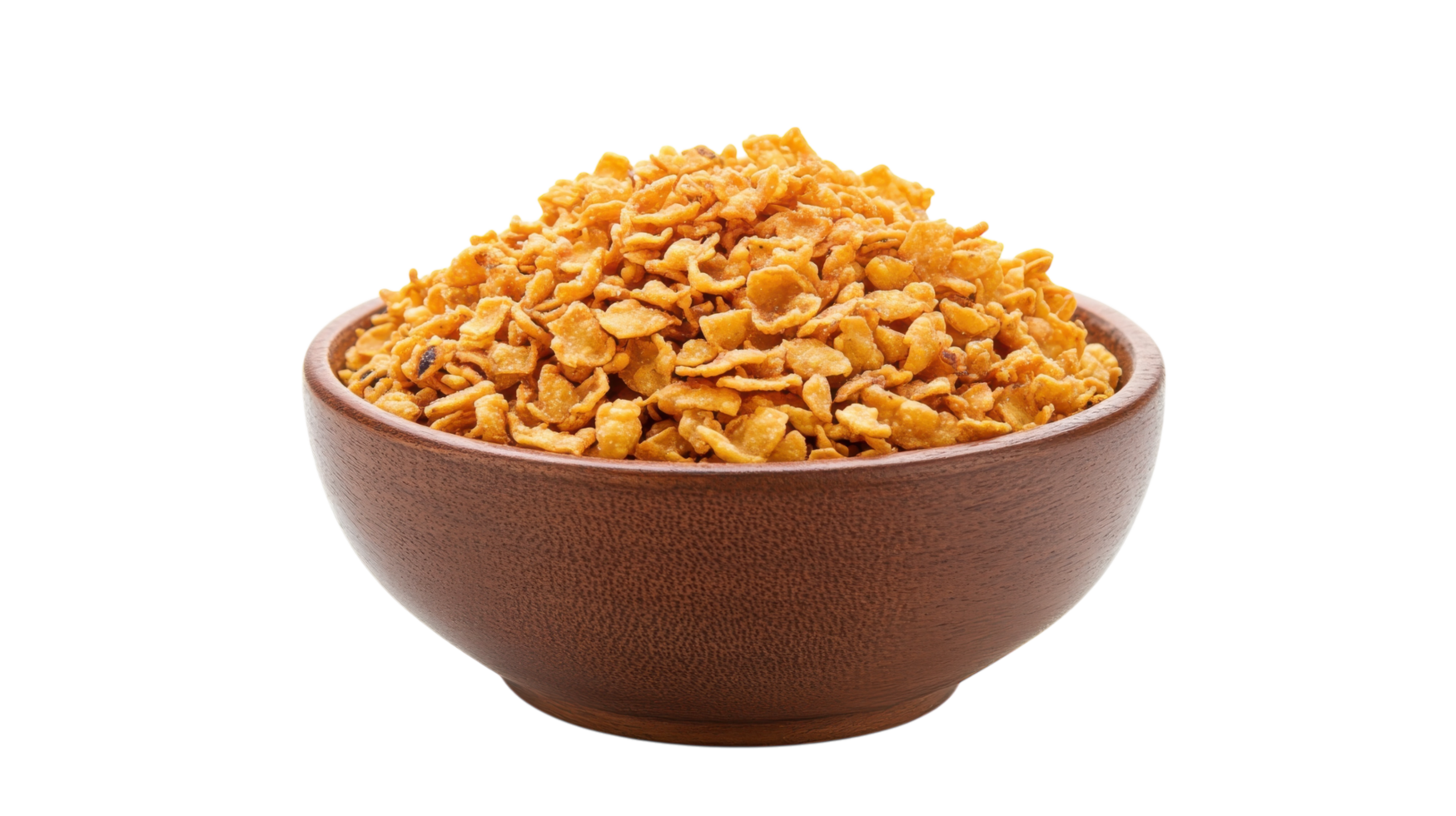 Crunchy golden cornflakes in a brown bowl, perfect for breakfast or a snack any time of day png
