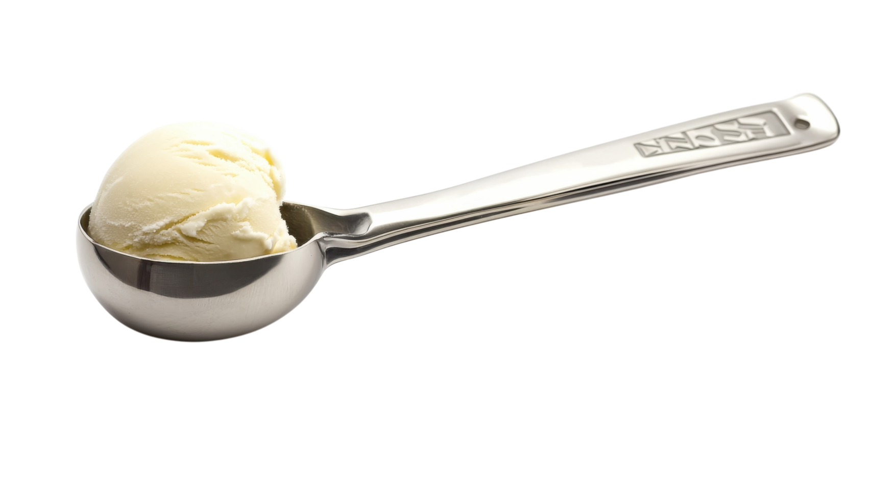 Creamy vanilla ice cream scoop resting in a stainless steel measuring spoon in a kitchen setting png
