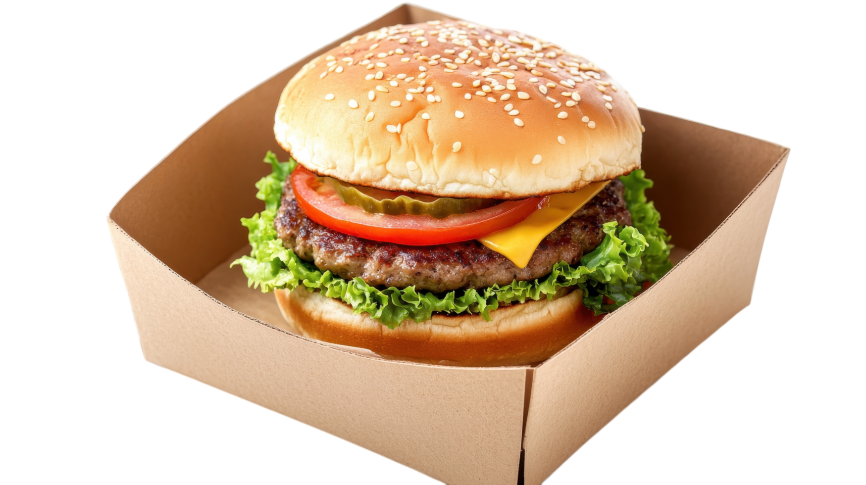 Juicy hamburger with fresh toppings served in a takeout box at a casual dining restaurant png