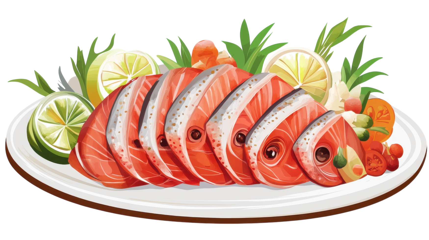 Freshly sliced salmon served with vibrant garnishes and citrus on a white plate at a summer gathering png