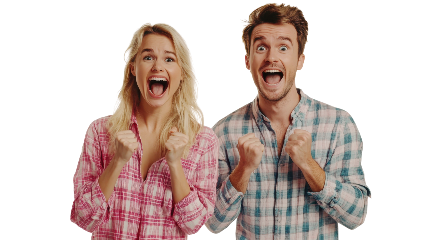 Excited young couple celebrating together with joyful expressions and raised fists in a bright setting png