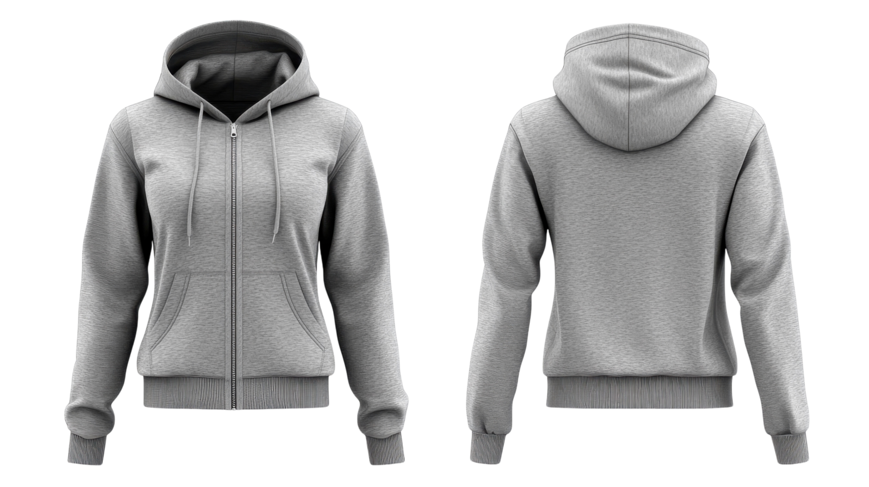 Gray hoodie with front zip and pockets displayed from multiple angles in a neutral setting png