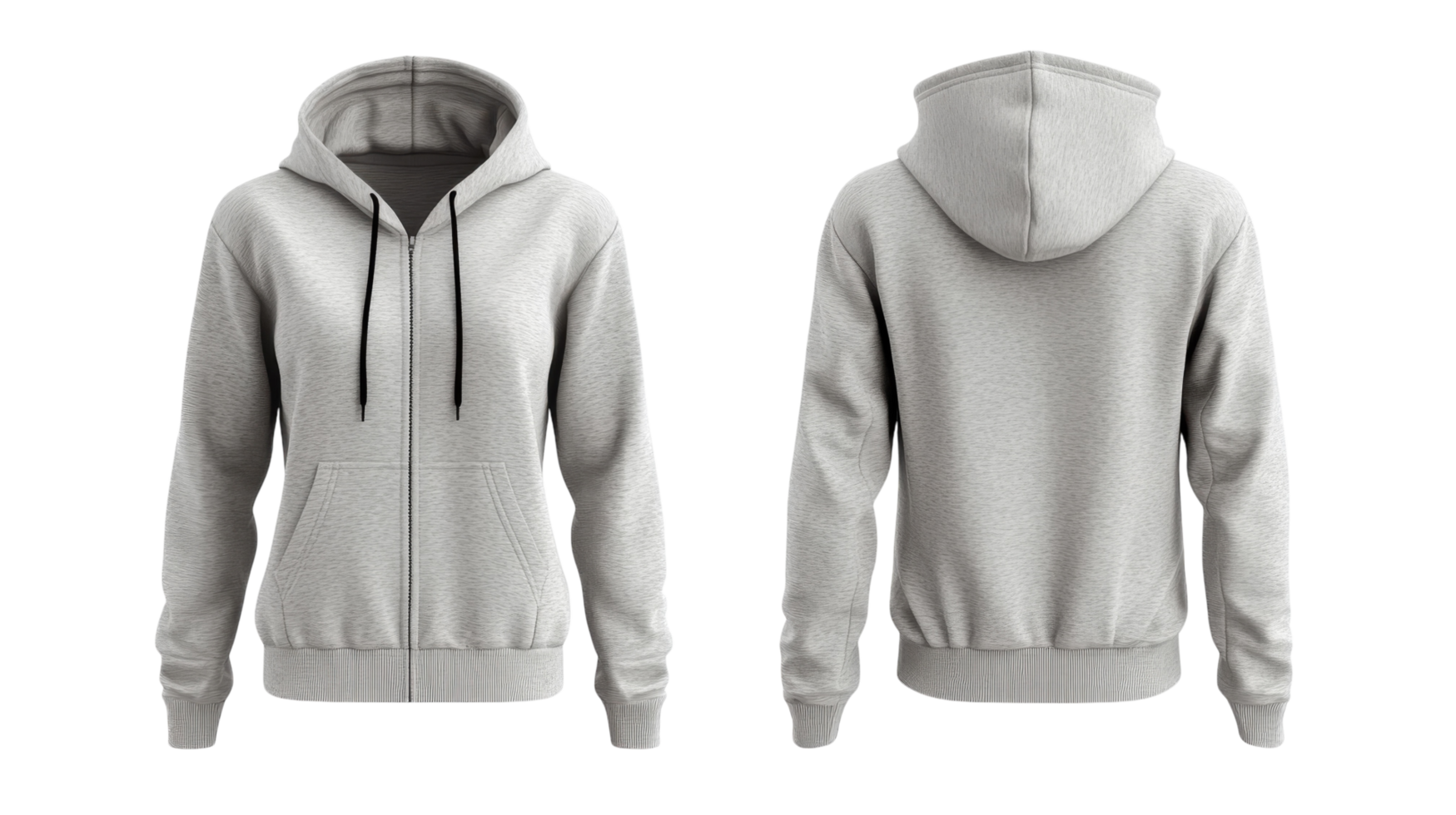 Gray zip-up hoodie on display showcasing front and back views suitable for casual wear and outdoor activities png